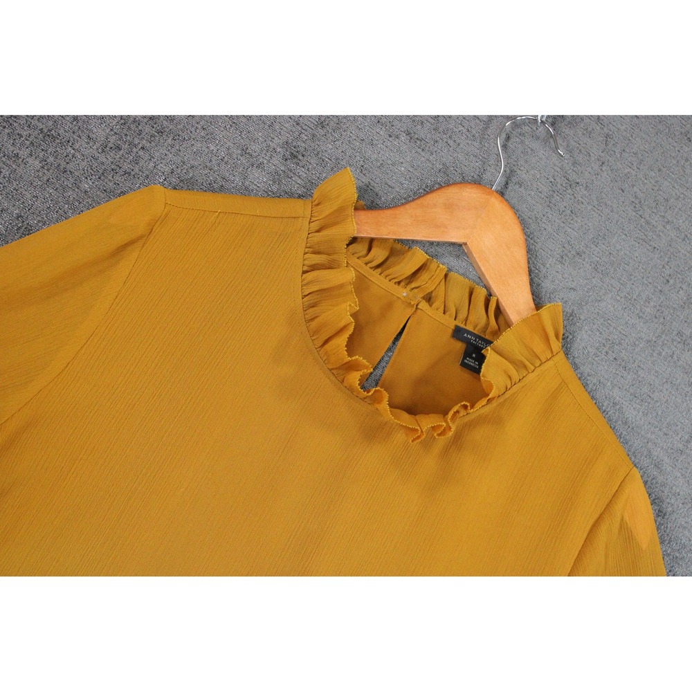 Ann Taylor Factory Mustard Yellow Ruffle Neck Long Sleeve Blouse Medium 479424